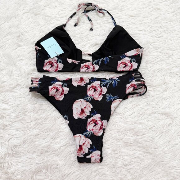 Women CUPSHE Floral Print Shoulder Straps Bikini Beach Set in Black Size Medium - Picture 6 of 8